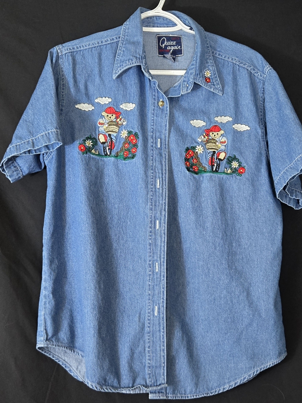 Quizz Again Denim Button-Down Shirt with Embroidered Biker Bears - Blue #662